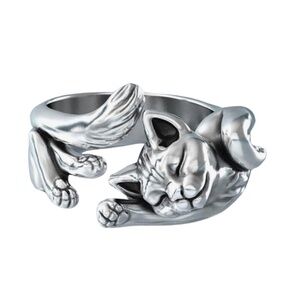Sleeping Cat Wrap Ring – Silver-Tone (size 7)
